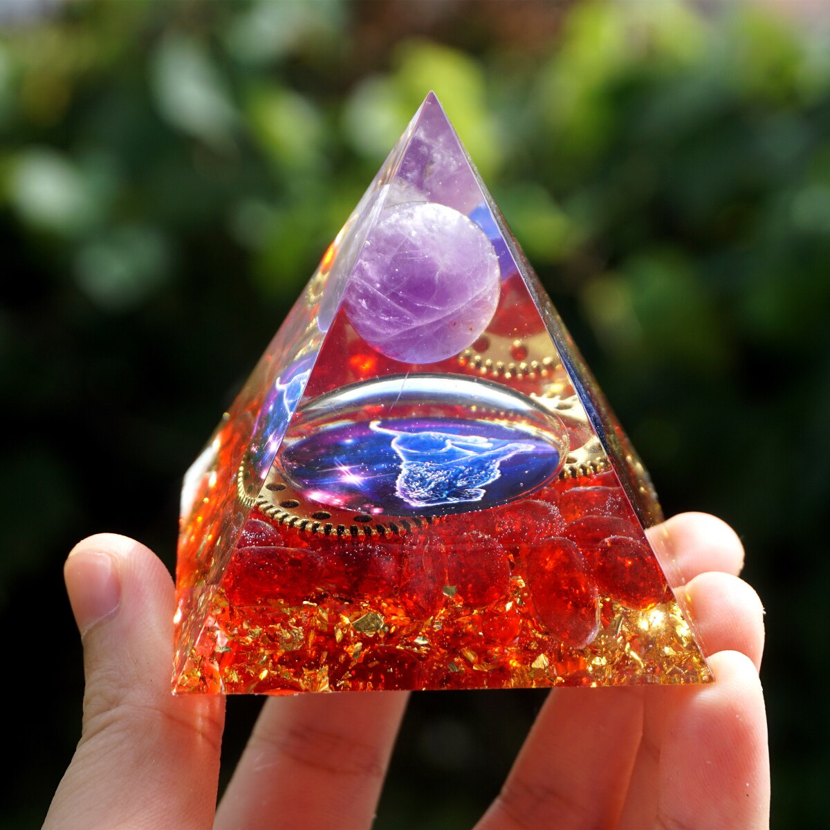 Leo Constellation Orgonite Pyramid with Amethyst Sphere and Red Quartz