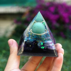 Orgonite pyramid with a Green Aventurine crystal sphere