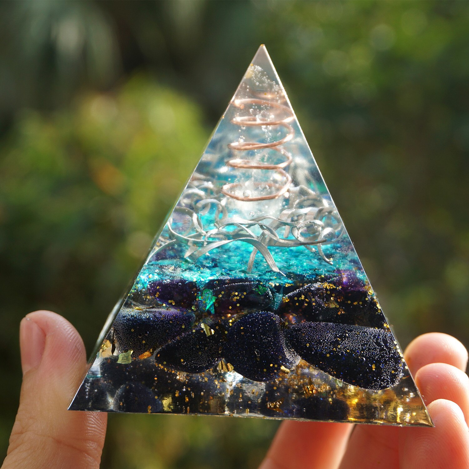 Blue Sandstone Orgonite Pyramid 60mm x 60mm with Clear Quartz Point, wire wrapped