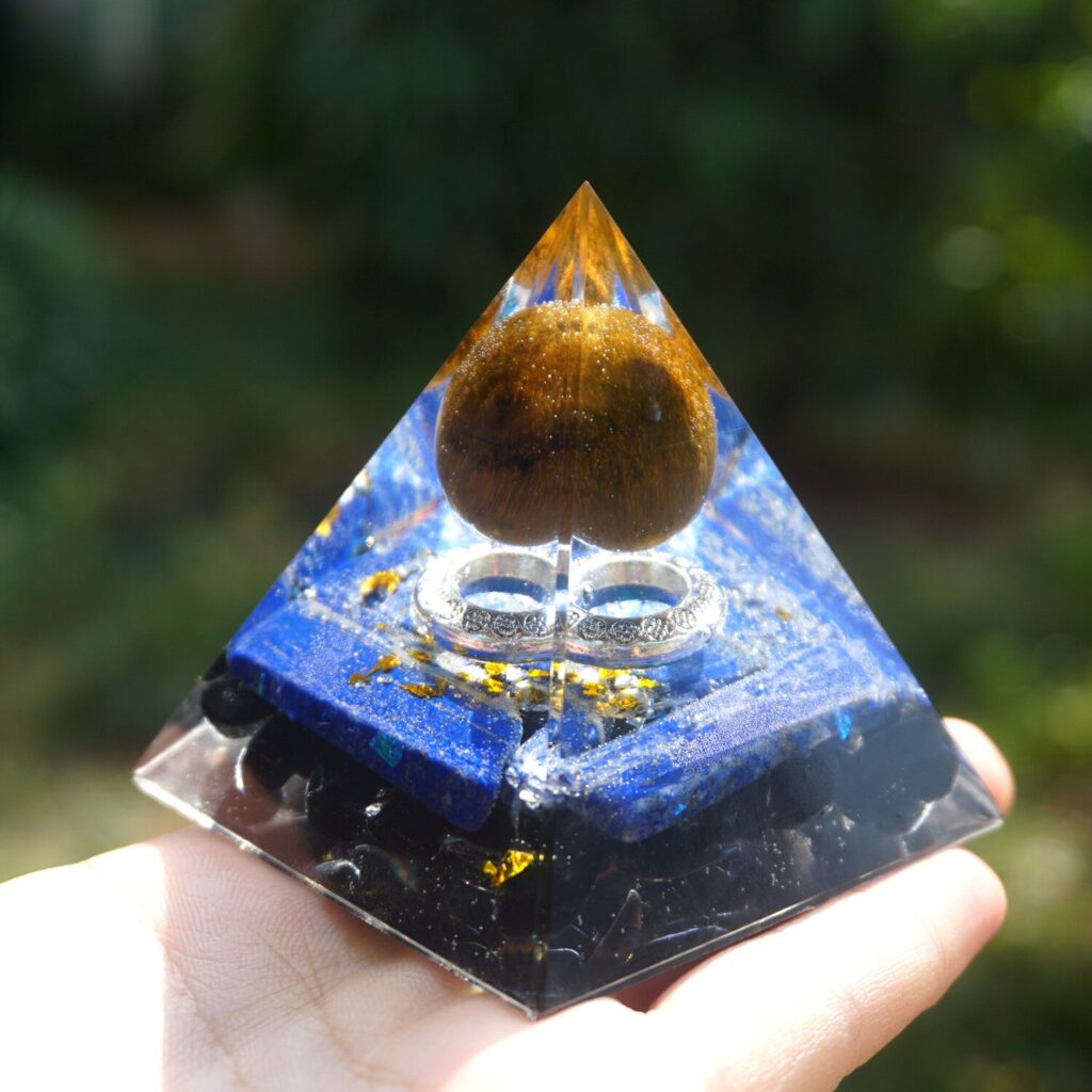 Tiger eye Crystal Ball Orgone Pyramid With Lapis Lazuli Obsidian Quartz