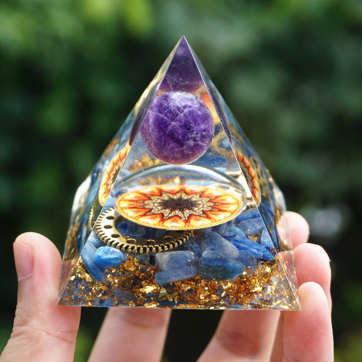 Blue Kyanite orgonite pyramid with Sun of Life and Amethyst Sphere (60mm)