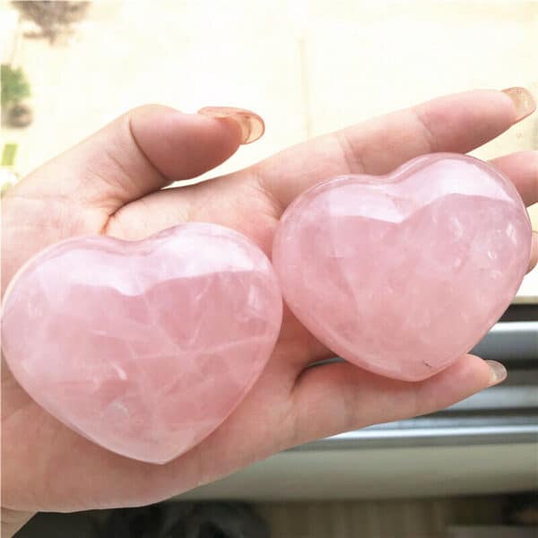 Rose Quartz crystal hearts for emotional healing and forgiveness.