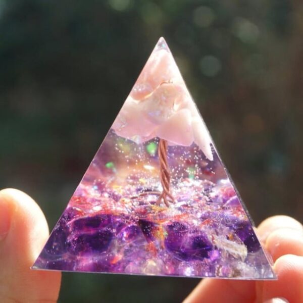 Tree of Life Orgonite Pyramid (50mm) - Rose Quartz & Amethyst - Healing Crystal Orgone Generator
