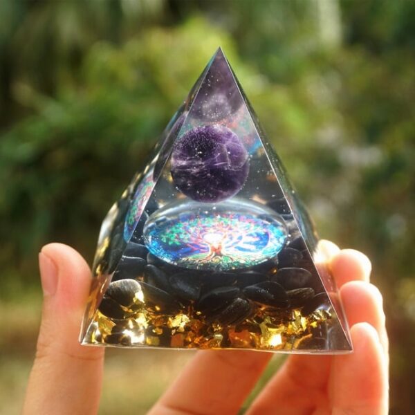 Natural Amethyst Orgonite Pyramid (50mm) - Amethyst Sphere & Tree of Life - Healing Crystal Orgone Generator