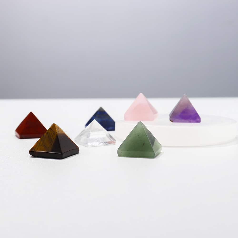 Chakra Crystals - Pyramid shaped chakra crystal set with selenite charging plate