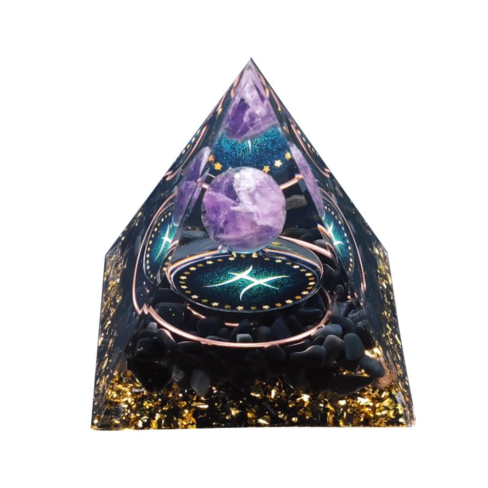 Pisces Orgone Pyramid with black obsidian and an amethyst sphere