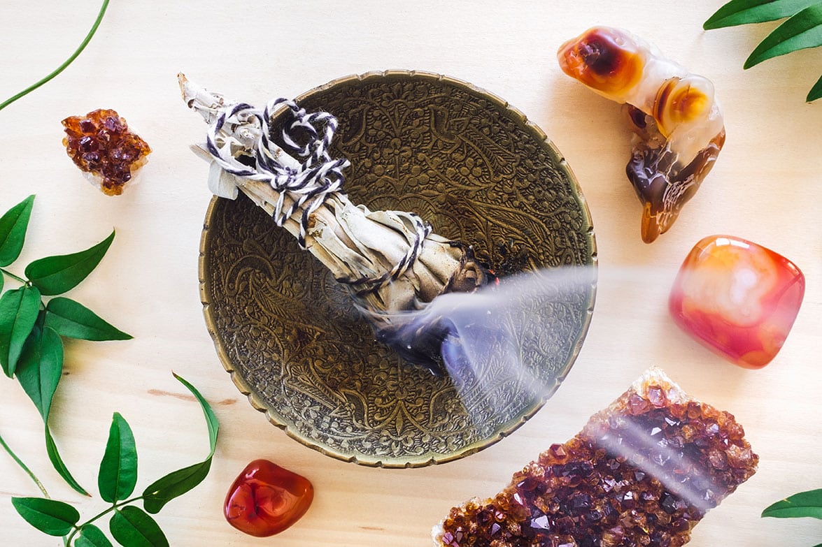 Crystals for emotional healing and some burning sage for cleansing