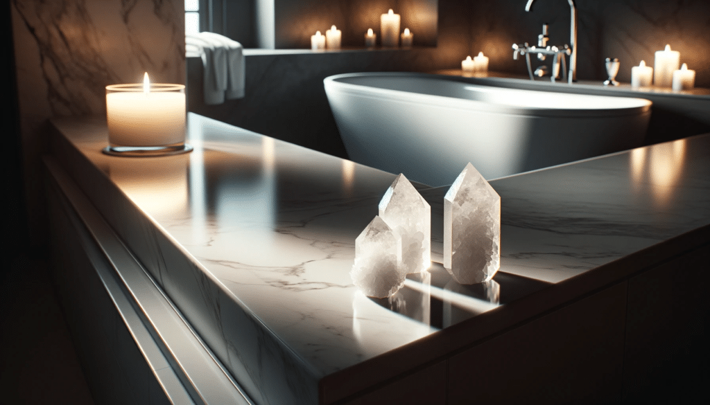 Crystals for self-care placed around bath tub as part of self-love ritual.