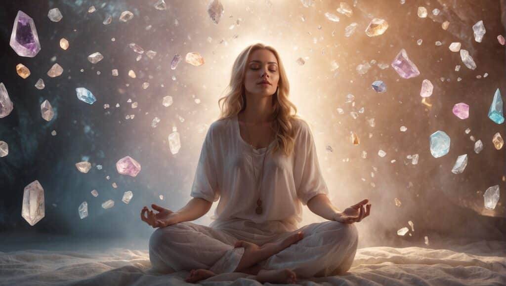 Woman meditating and receiving crystals for emotional healing.