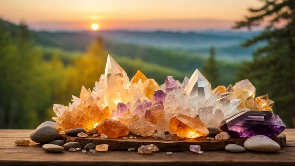 The sun rising on a pile of crystals for new beginnings, change, and fresh starts.