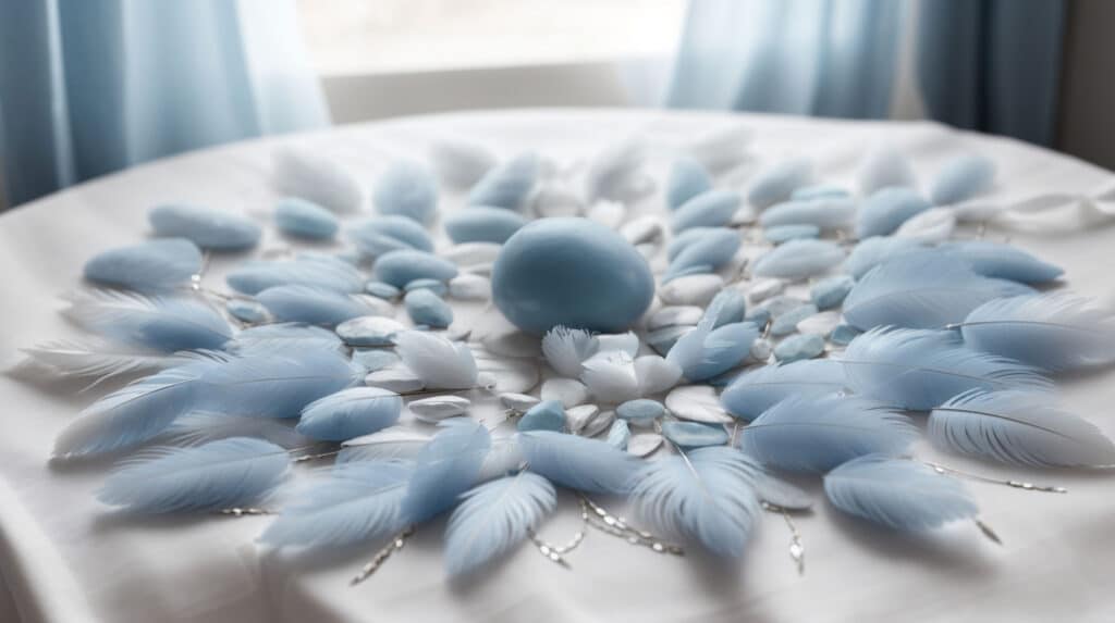 An arrangement of feathers to enhance the calming properties of angelite stones.