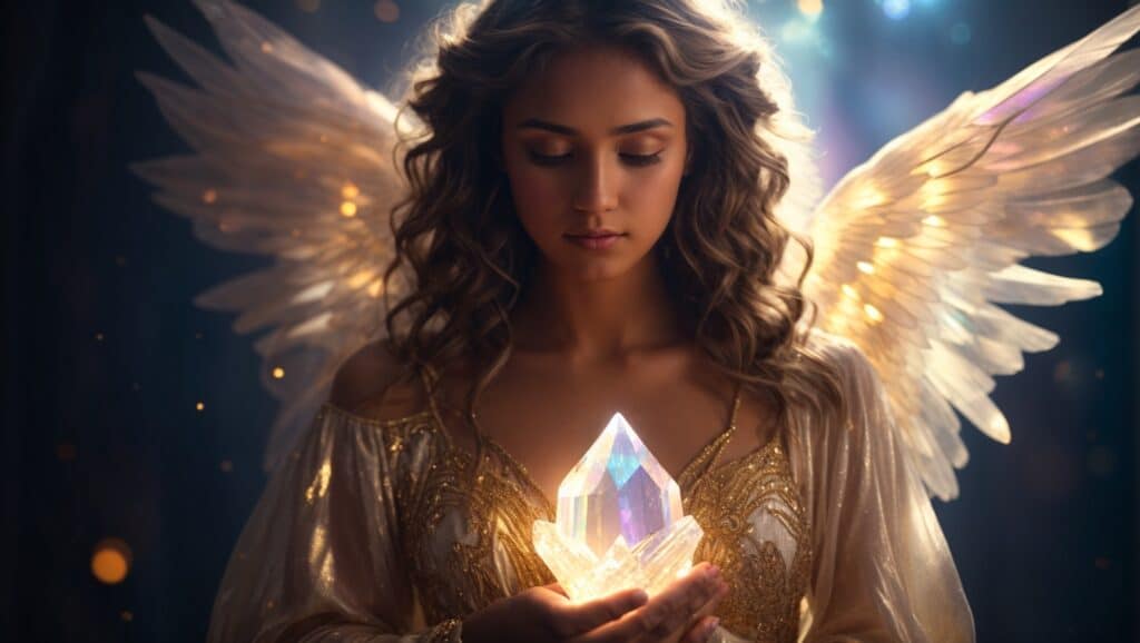 An angel using aura quartz to connect with higher realms.