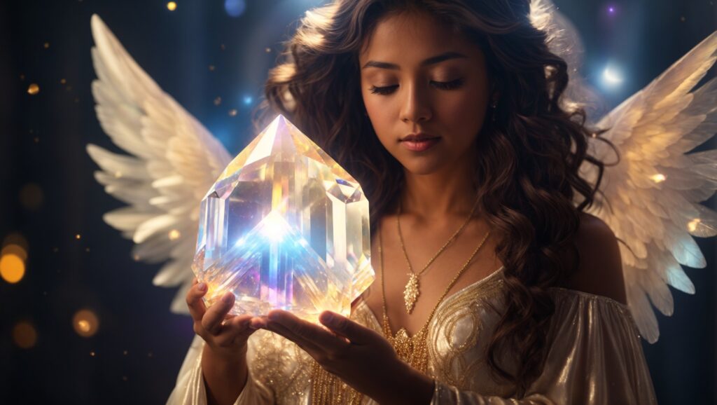 Angel holding a large aura quartz crystal.