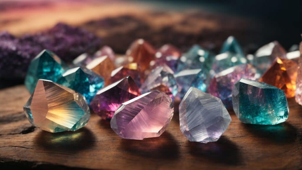 Dazzling specimens of aura quartz crystals of various colors.
