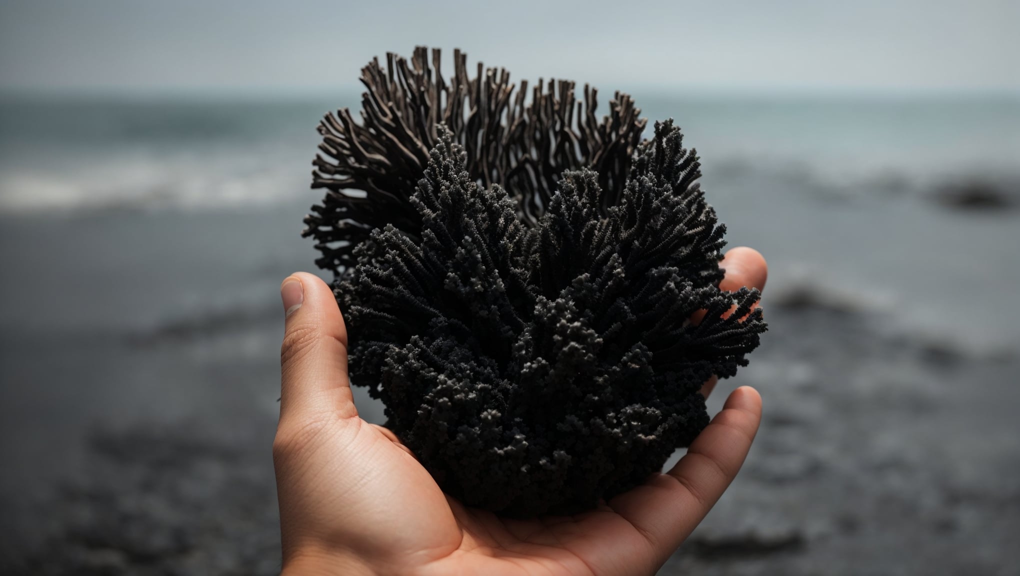 Absorbing the potent black coral properties by holding it in the hand.