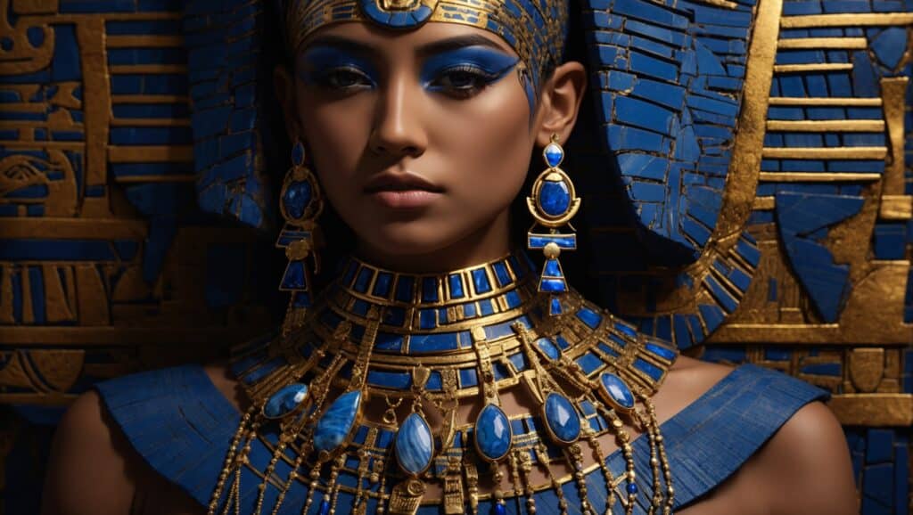 Egyptian priestess adorned with blue lace agate.