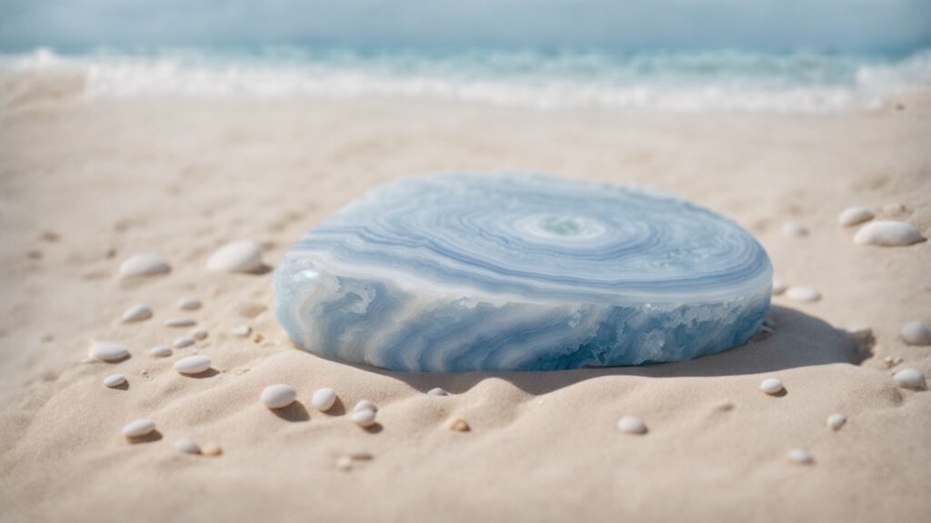 Blue lace agate tranquility stone on a beach.