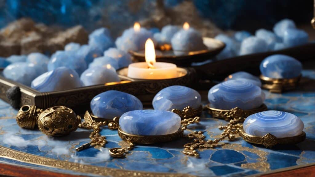 Polished blue lace agate crystals surrounding a votive candle.