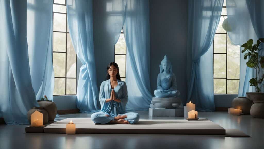 Woman meditating near an angelite statue.