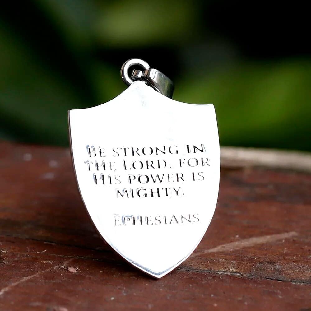 Be Strong In The Lord For His Power Is Mighty - Ephesians is engraved on the back of this Archangel Michael Pendant