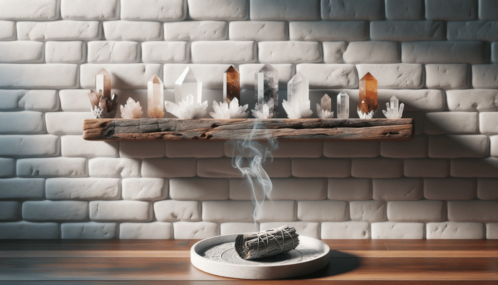A shelf of crystals for blessing a new home.