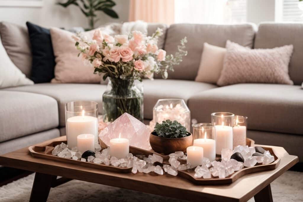 Crystals in the living room for relaxation and comfort.