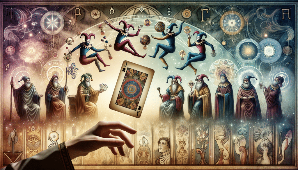 A hand turns over a Tarot card, transitioning from jesters to oracles among ancient symbols and historical scenes, representing Tarot: From Game to Divination.