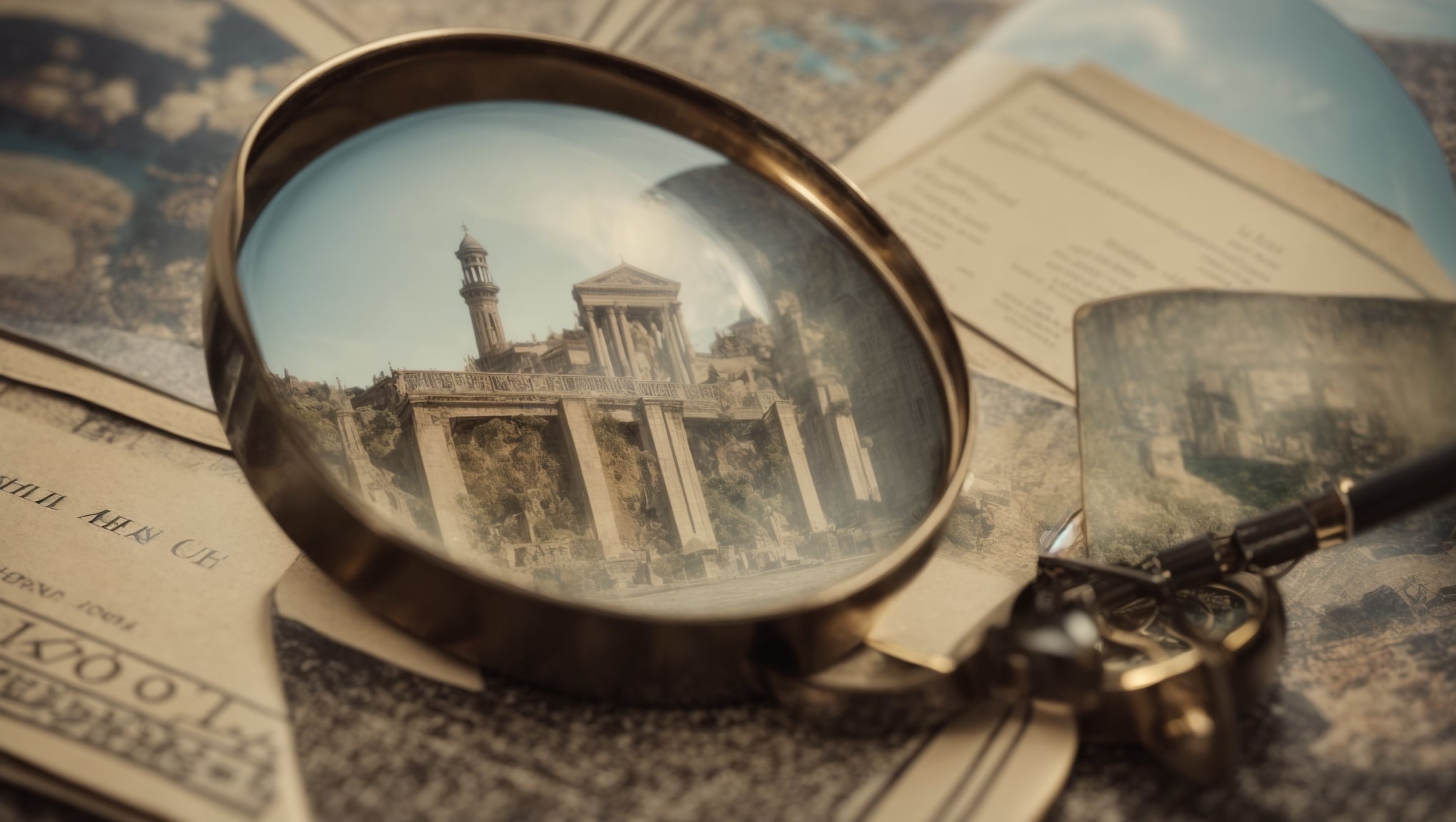 A vintage magnifying glass hovers over The Fool, The High Priestess, and Death tarot cards, hinting at the history of tarot card meanings with faded landmarks behind them.