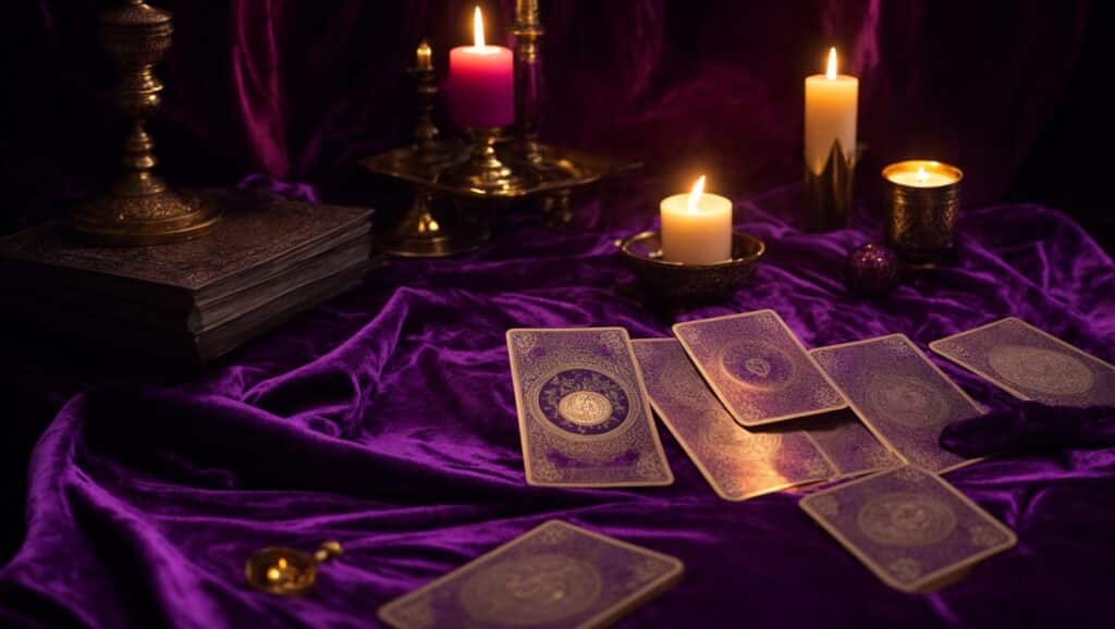 A velvet purple table with Tarot cards laid out under candlelight teaches how to interpret tarot spreads, alongside a crystal ball and incense smoke.