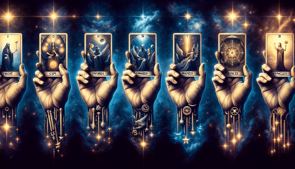 Four hands holding tarot cards of Cups, Swords, Wands, and Pentacles against a starry background for interpreting tarot card suits.