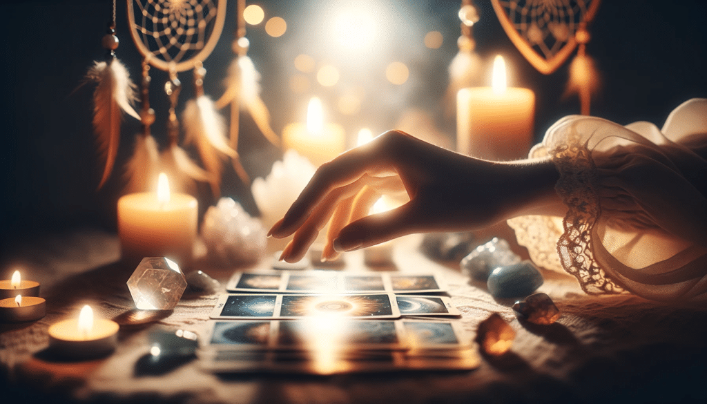 A serene hand flips a tarot card for interpreting tarot cards for spiritual growth, with candles, crystals, and a dream catcher in the soft-lit background.