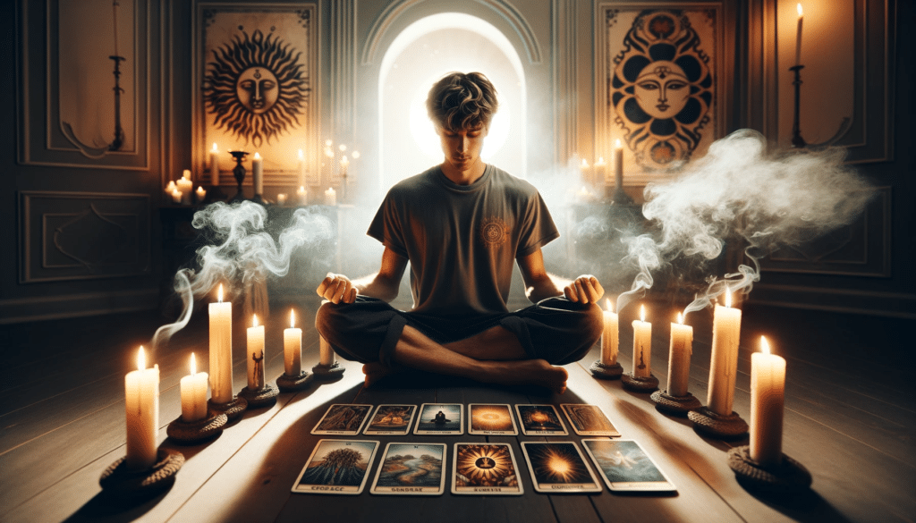A person in meditation with tarot cards arrayed in a semi-circle, lit by candlelight and incense smoke, for meditative tarot card interpretation.