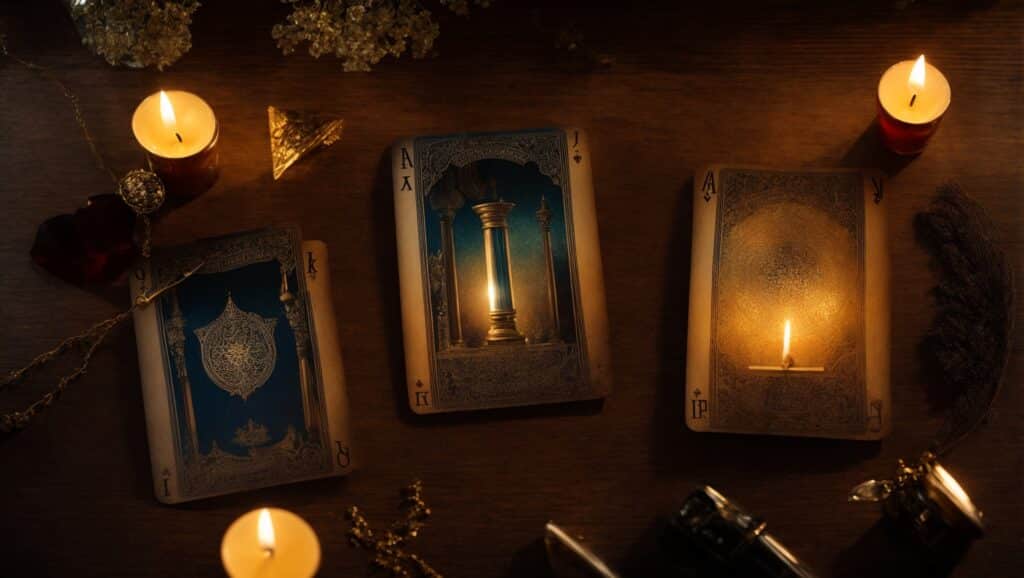 A person performing a tarot reading with cards laid out in a spread