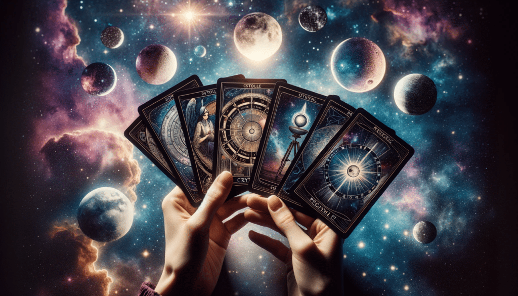 A mystic's hands shuffle Tarot cards for tarot card interpretation for future prediction, with symbols like a crystal ball and moon phases on a cosmic background.