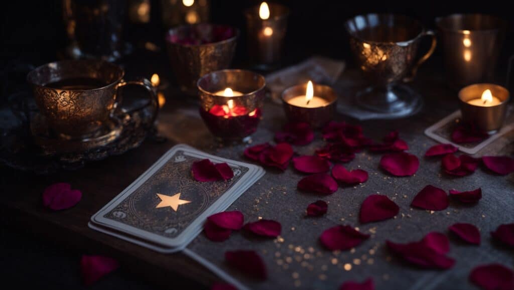 A romantic setting for tarot card interpretation for love, featuring a candlelit desk with rose petals, heart crystals, a tarot deck, and tea under a moonlit sky.