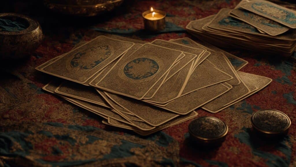 A mystic's hand hovers over glowing tarot cards spread on an embroidered cloth, revealing tarot card readings and meanings.
