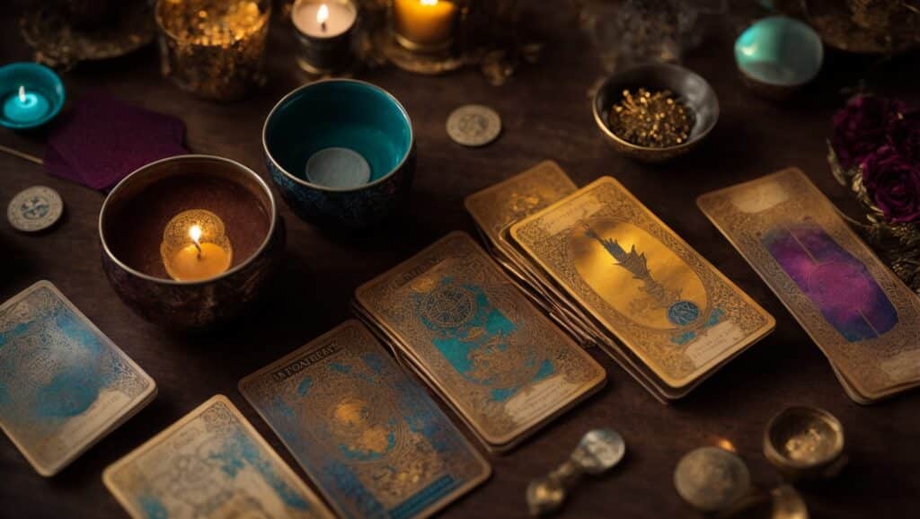 A collection of tarot cards with vibrant colors and symbols such as cups, wands, swords, and pentacles, showcasing understanding tarot card colors and symbols under dim, mystical light.