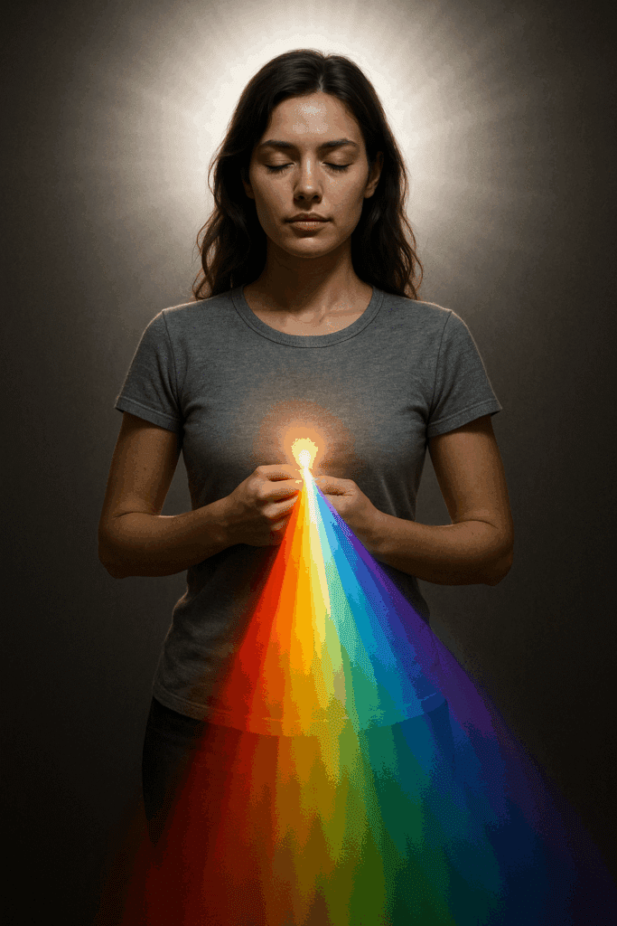A woman in full alignment with all her light pointing in the same direction.