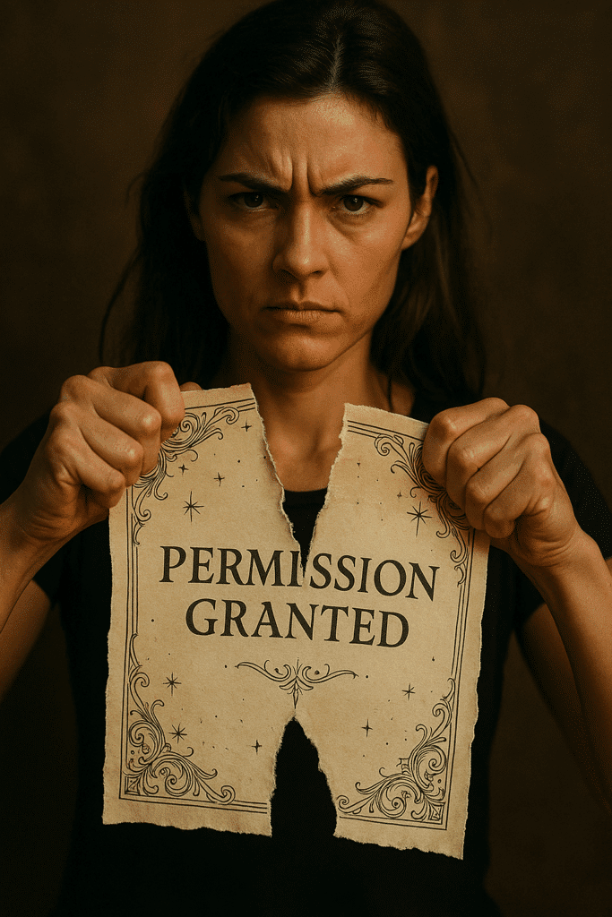 A woman ripping up a cosmic permission slip.