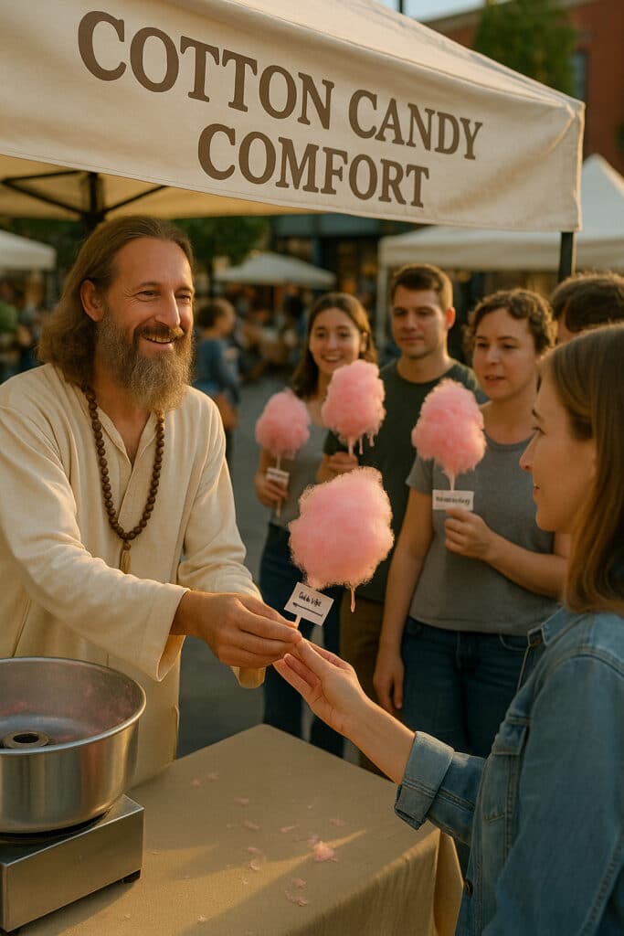 A fake guru selling cotton candy comfort at the fair.