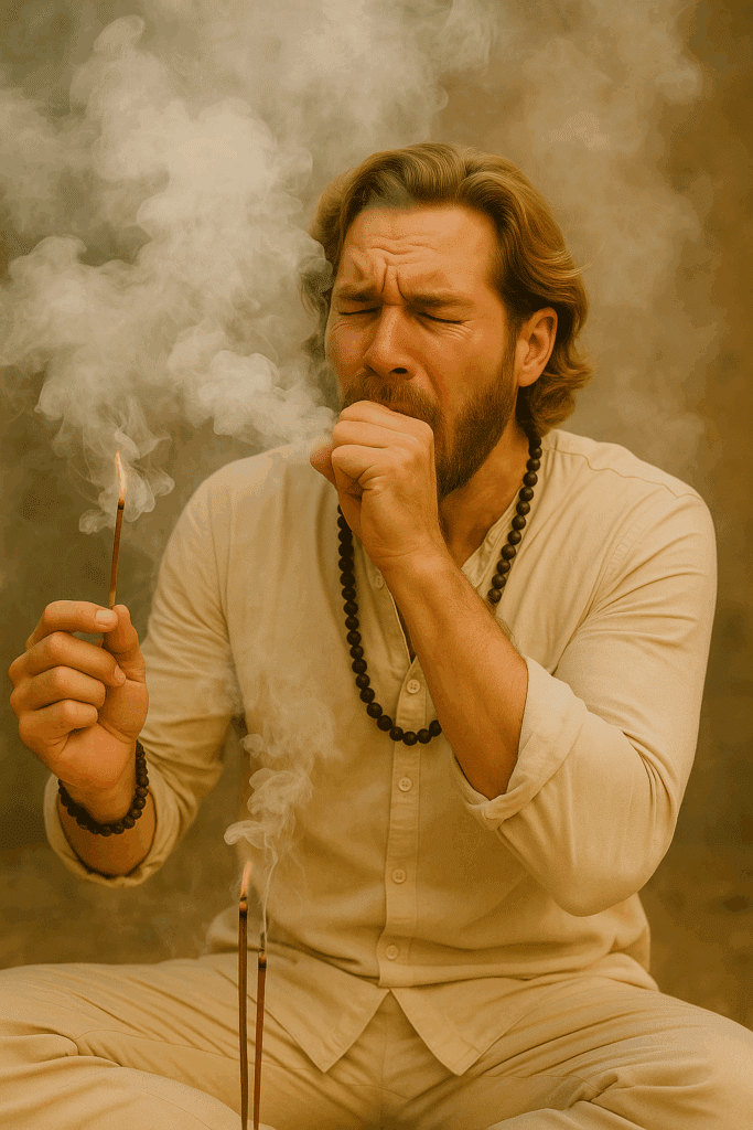 A fake manifesting guru choking on incense smoke because he's engaging in escapism with incense.