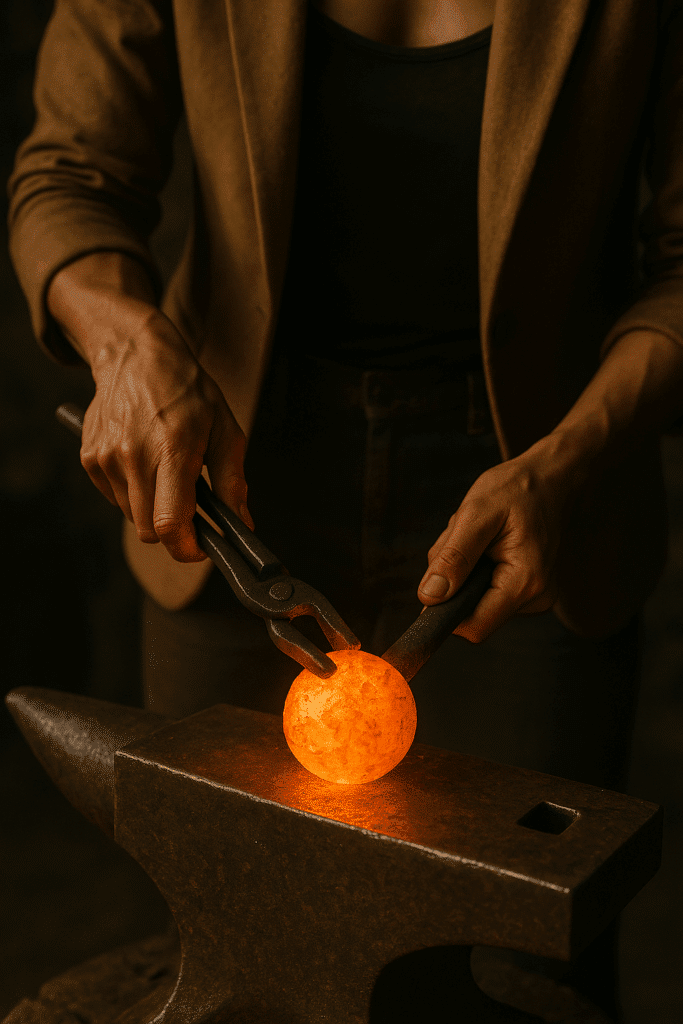 A woman forging her power on an anvil.