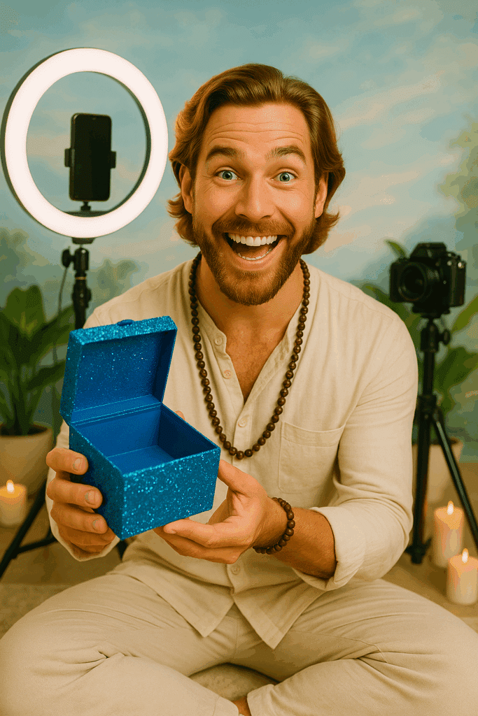 A phony Instagram manifestation guru peddling a glitter-wrapped empty promise of effortless manifesting.