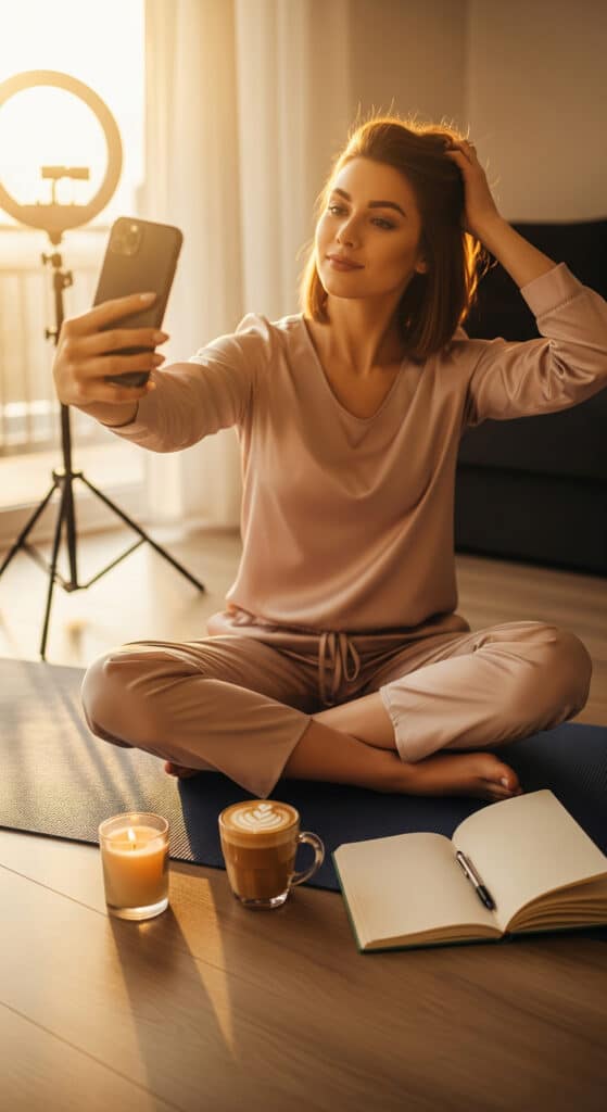 Woman doing her morning ritual while taking a selfie for Instagram.