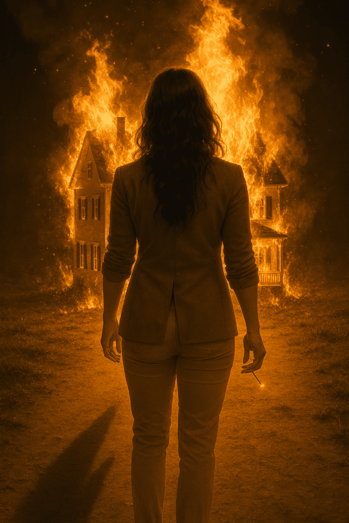 A woman watching a house burn down, purging her old life.