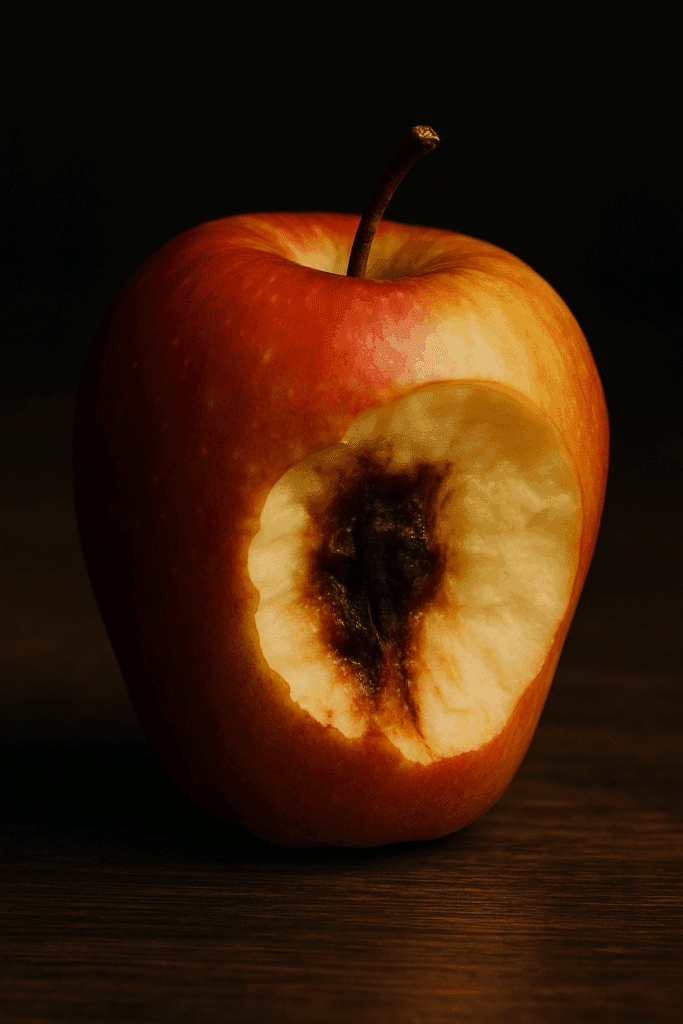 An otherwise healthy looking apple slowly rotting at its core.