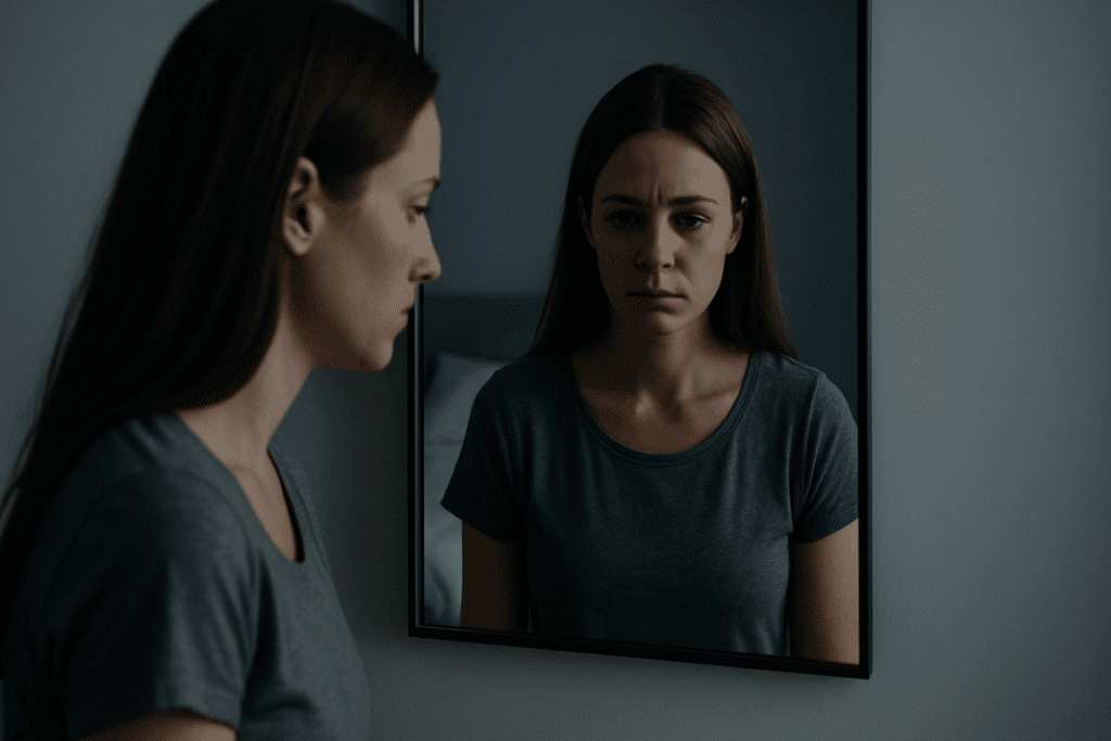 A sad woman staring off into space in front of the mirror.