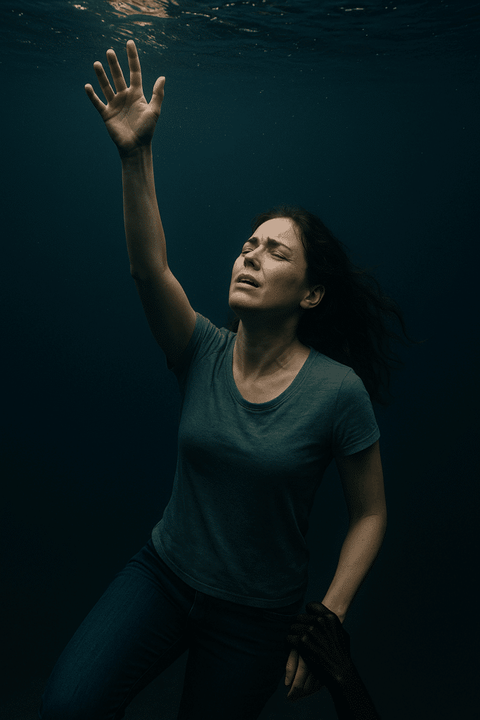 A woman getting pulled under the surface of the water by a dark hand from below.