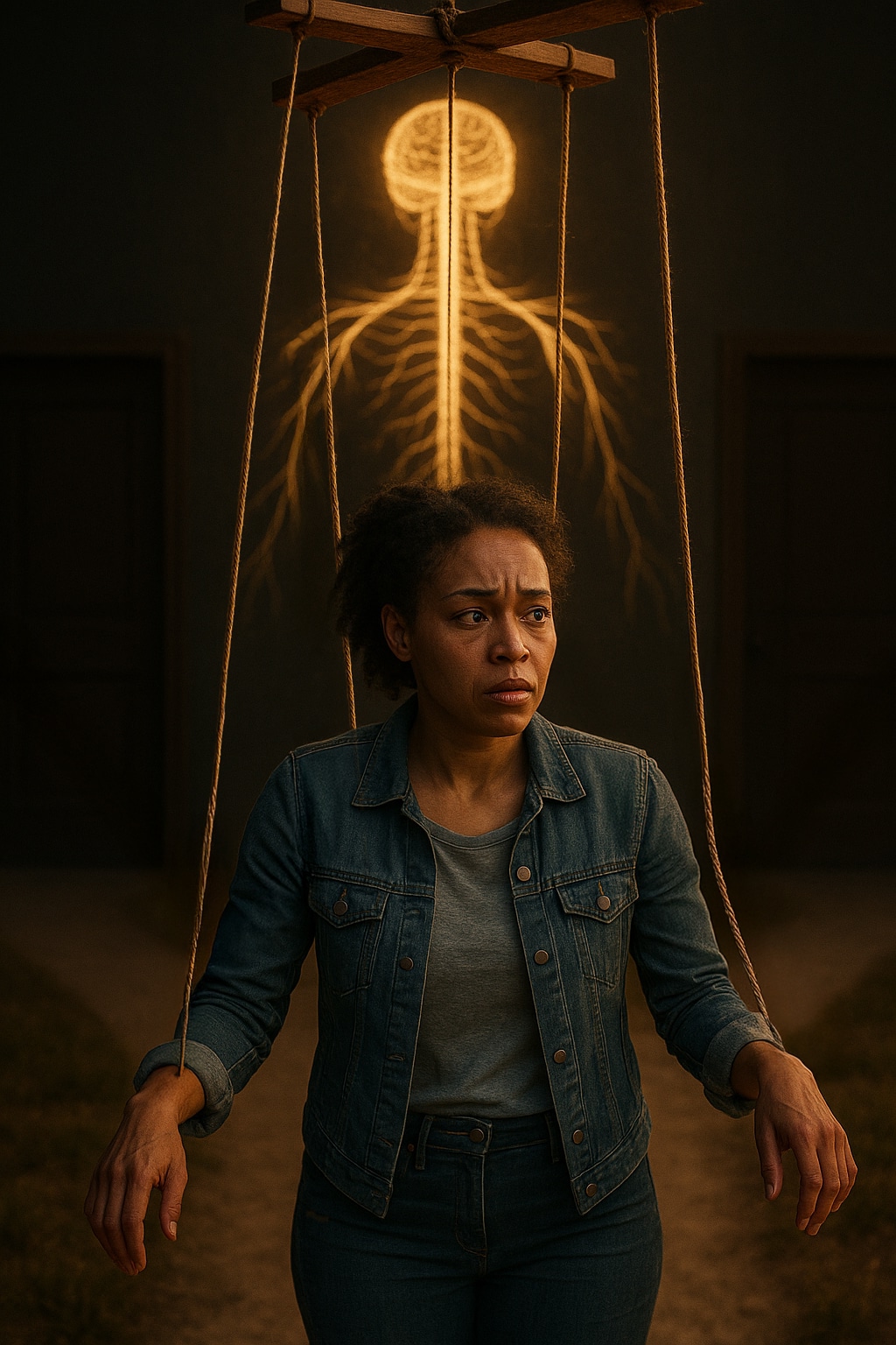 The woman is the puppet and her nervous system is the puppeteer.