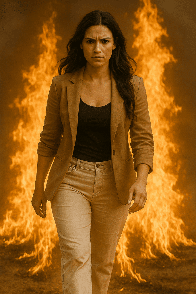 A woman boldly walking through the fire of transformation.